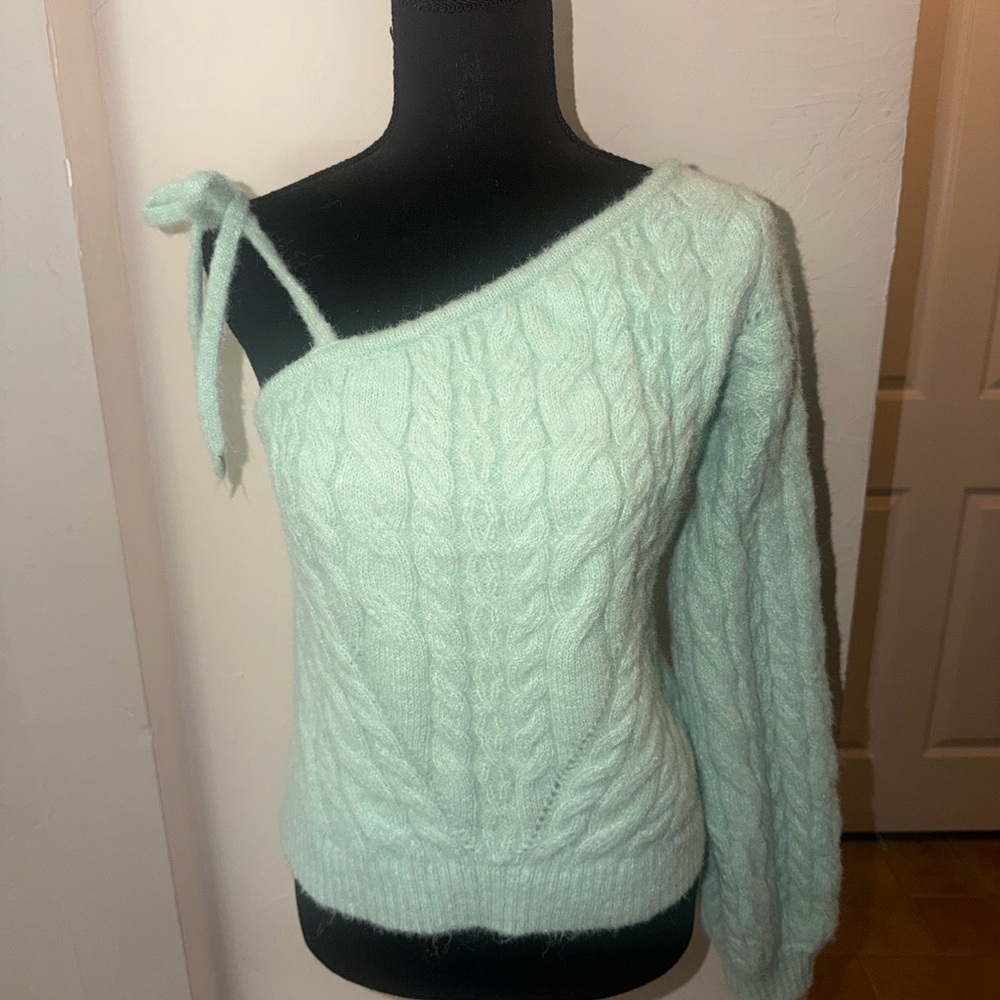 wild fable Mint Green Cable-Knit One-Shoulder Sweater with Tie Strap
